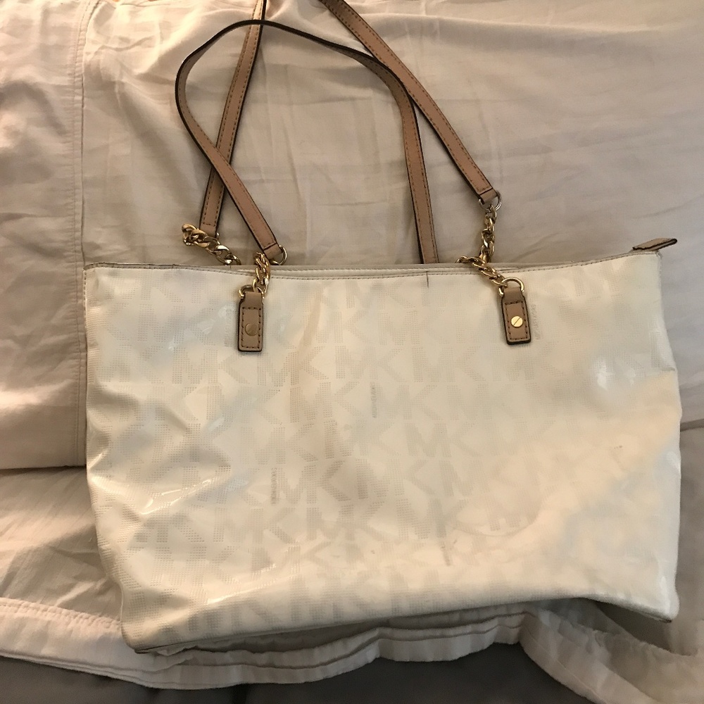 White/Cream Patent Michael Kors Dot Tote